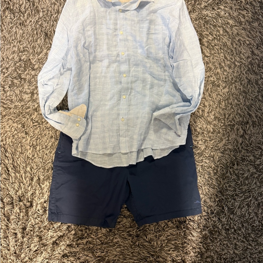 Tommy Bahama Blue Shark Print Shirt and Navy Shorts